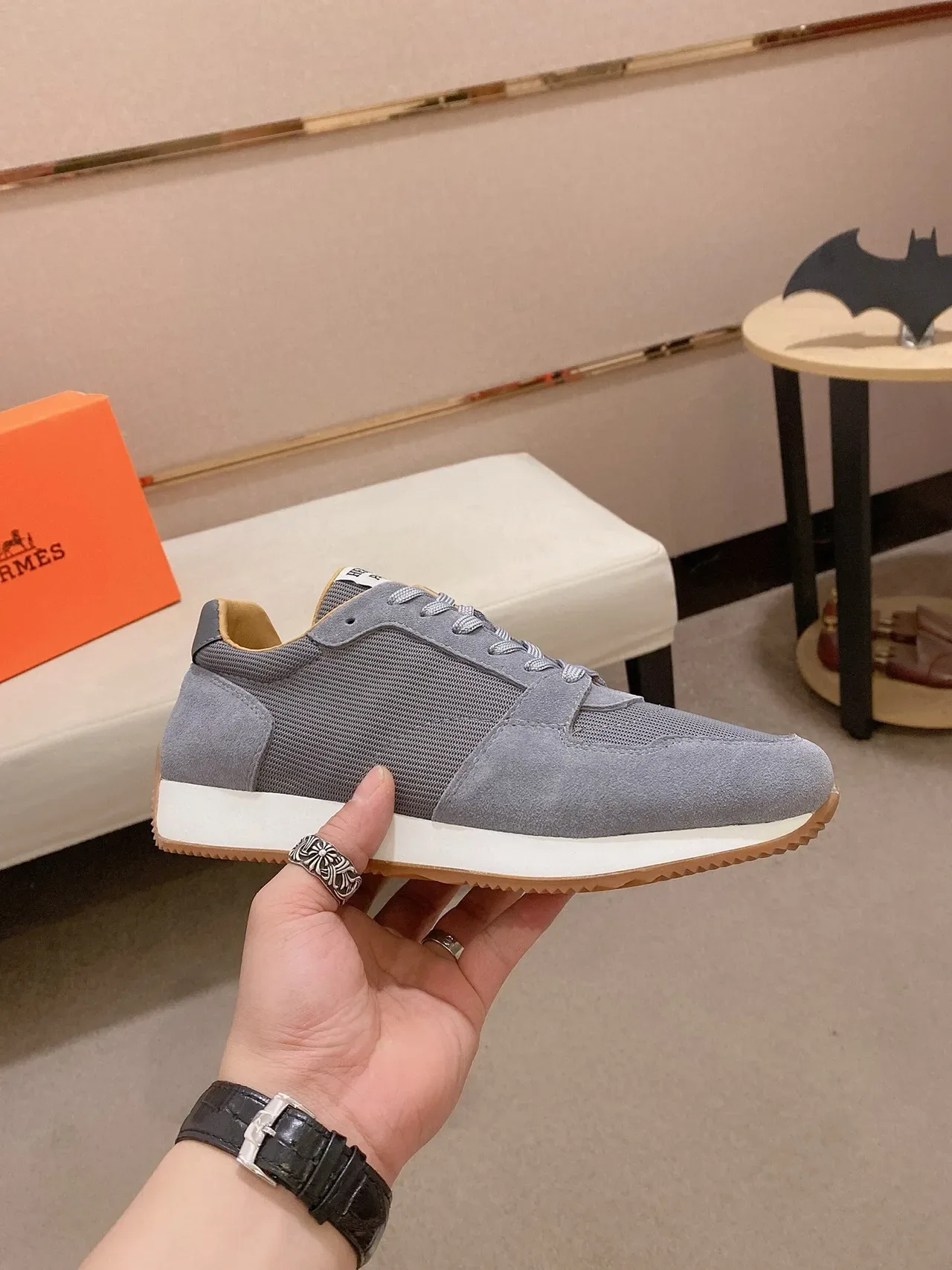 Gray Suede and Mesh Retro Runner Sneaker 4