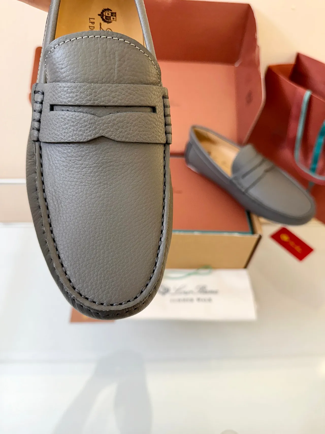 Gray White Pebbled Leather Penny Strap Loafer 3