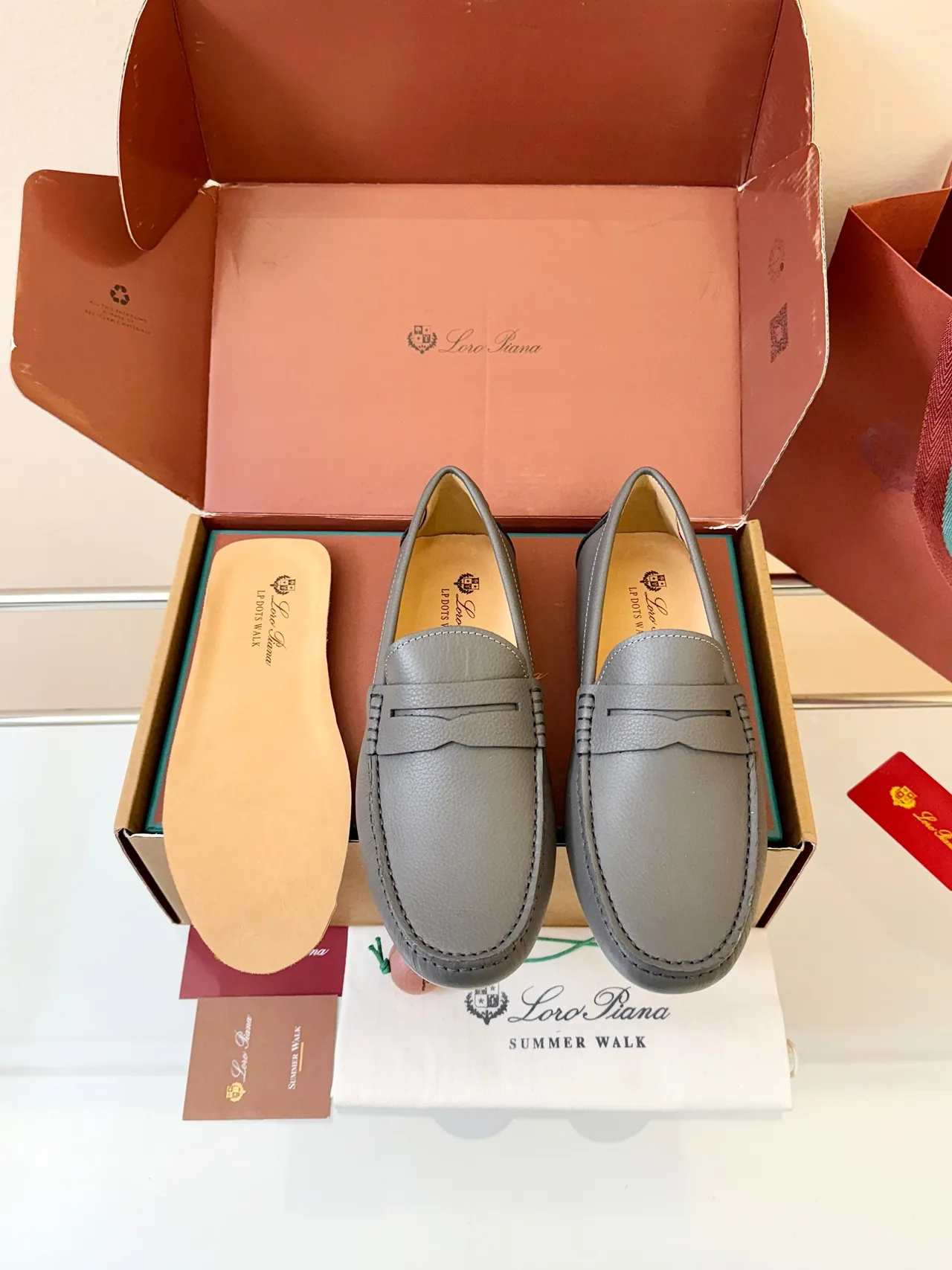 Gray White Pebbled Leather Penny Strap Loafer 6