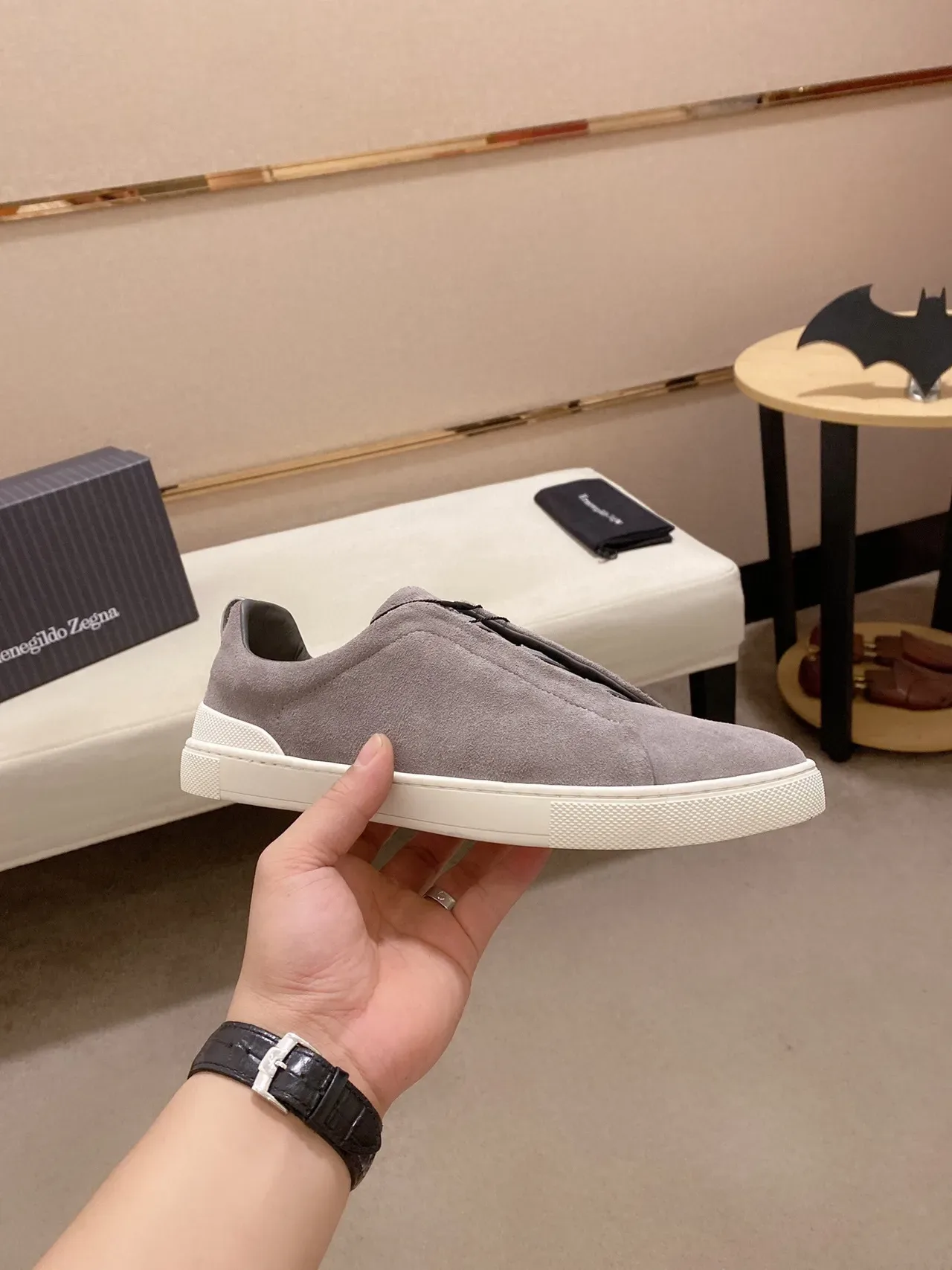 Gray White Slip-On Suede Upper Sneakers 8