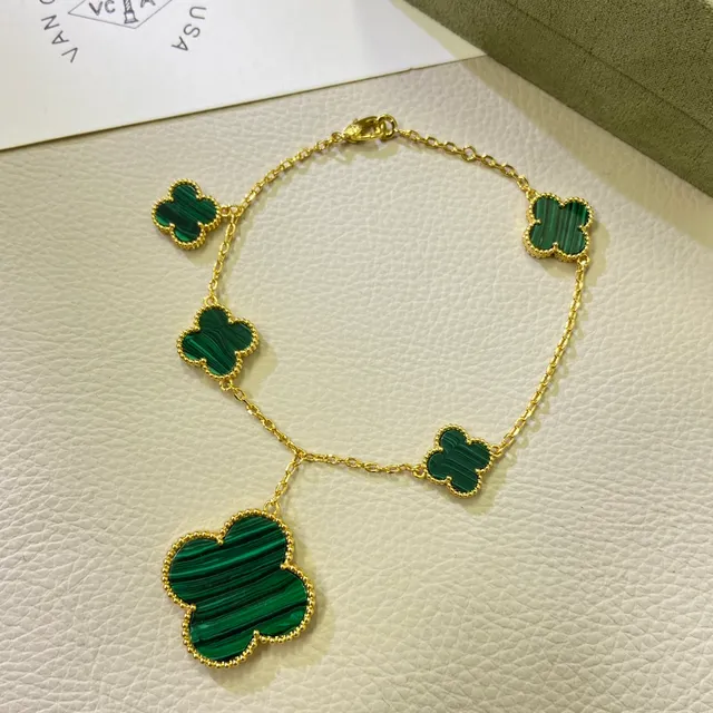 Green Gold Clover-Shaped Malachite Inlays Silver-Tone Metal Settings Bracelet 2