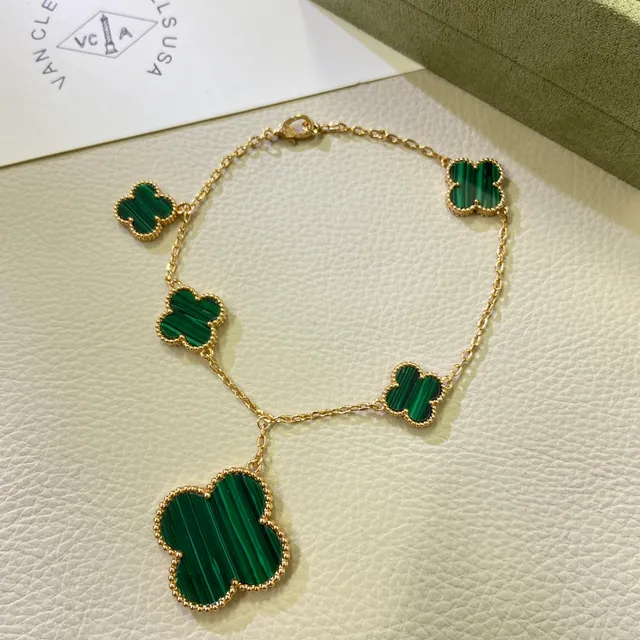 Green Gold Clover-Shaped Malachite Inlays Silver-Tone Metal Settings Bracelet 3