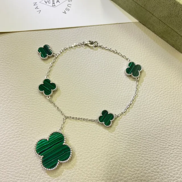 Green Gold Clover-Shaped Malachite Inlays Silver-Tone Metal Settings Bracelet 4