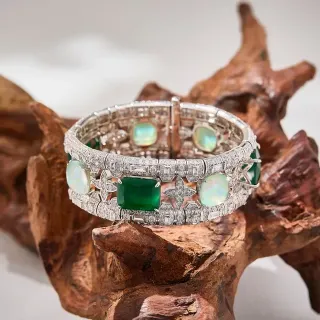 Green Silver Multi-Row Pavé-Set Diamonds Bracelet