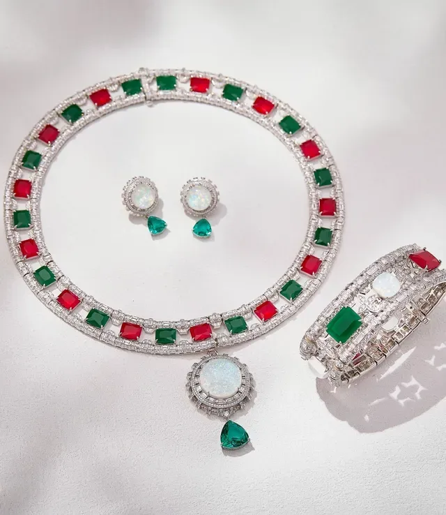 Green Silver Multi-Row Pavé-Set Diamonds Bracelet 2