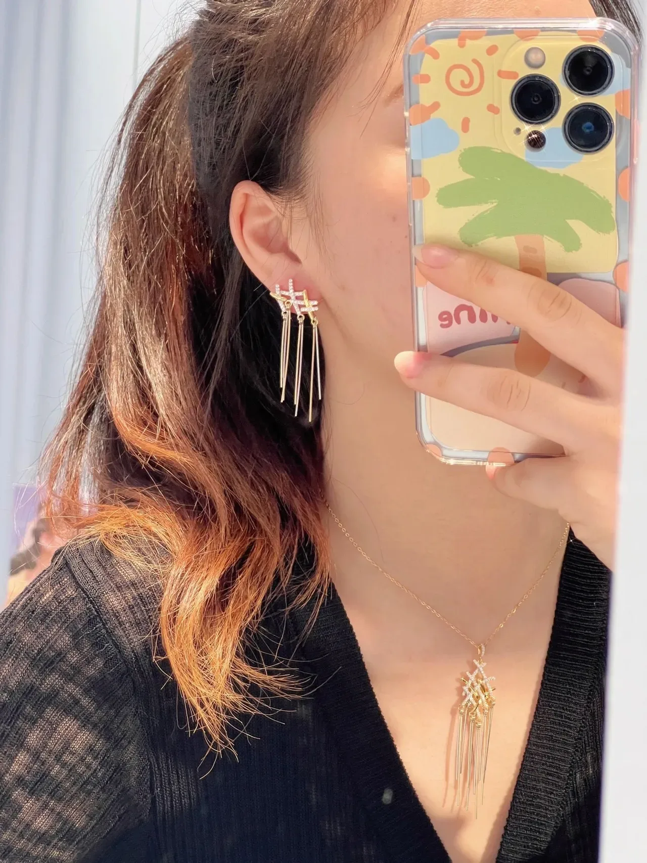 HEFANG Geometric Crystal Fringe Dangle Earrings 2