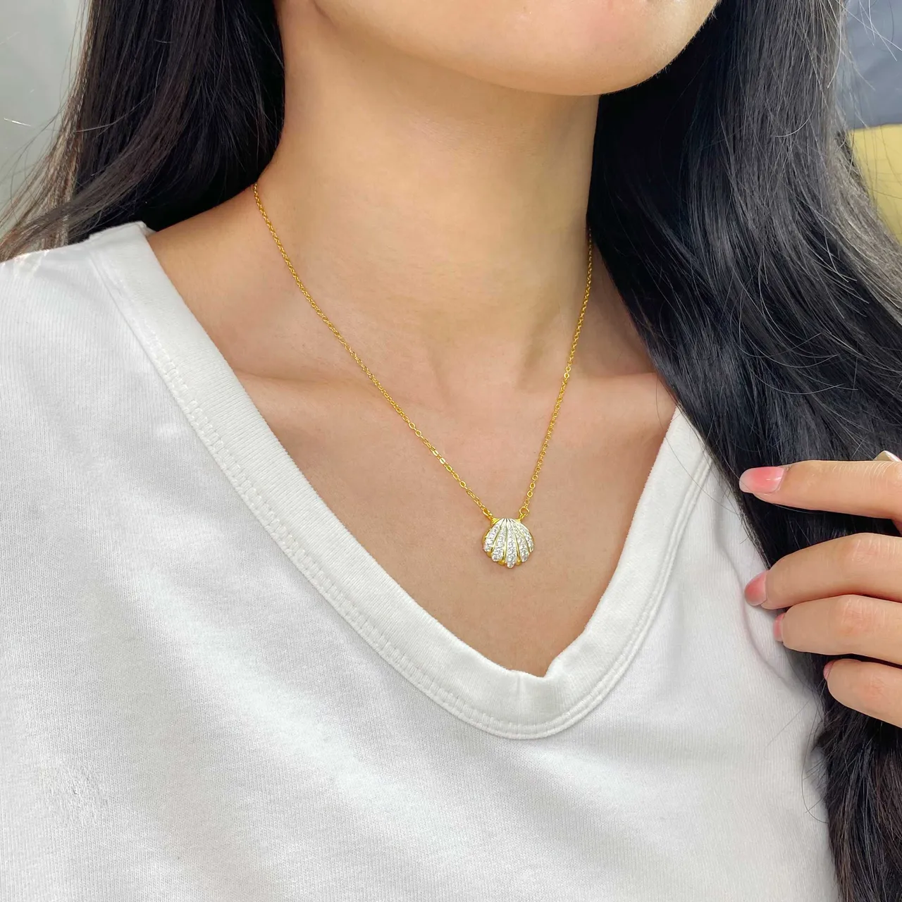 HEFANG Chaîne Or Argent Pavé-Set Pendentif Coquillage Collier 2