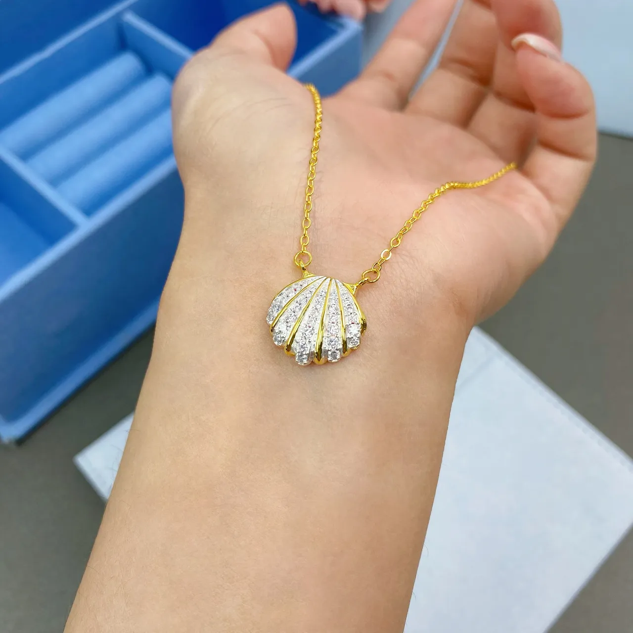 HEFANG Chaîne Or Argent Pavé-Set Pendentif Coquillage Collier 5