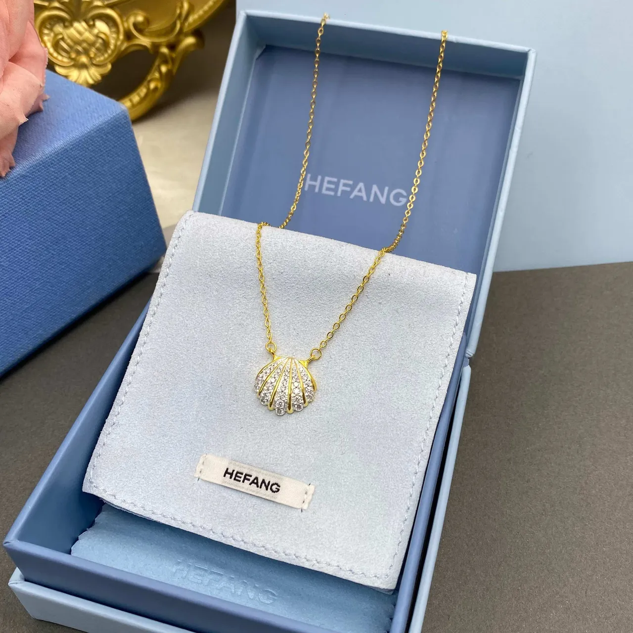 HEFANG Chaîne Or Argent Pavé-Set Pendentif Coquillage Collier 8