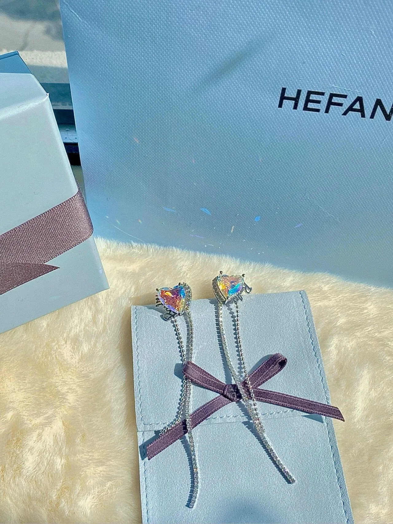 HEFANG Heart Iridescent Stone Pavé Chain Dangling Earrings 8
