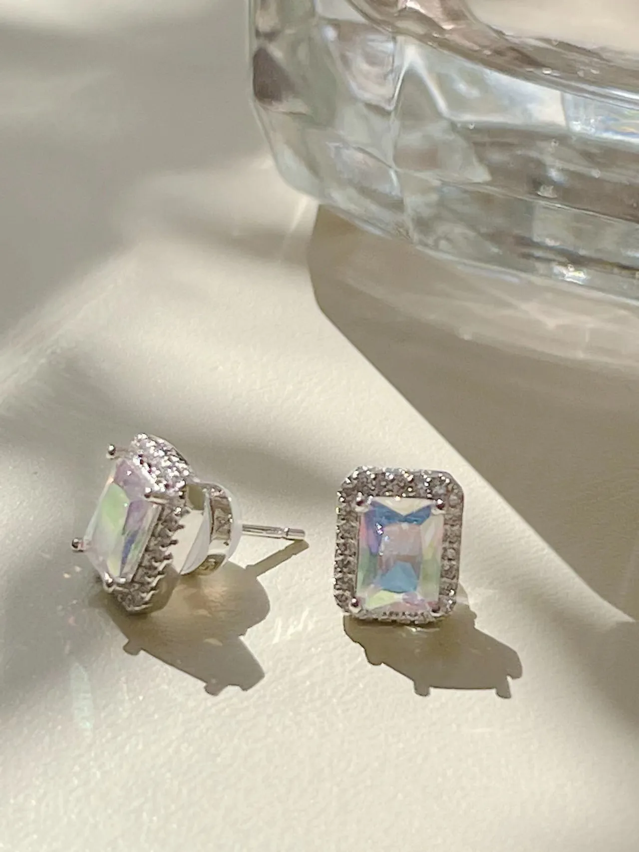 HEFANG Rectangular Cut Pavé Halo Stud Earrings 3