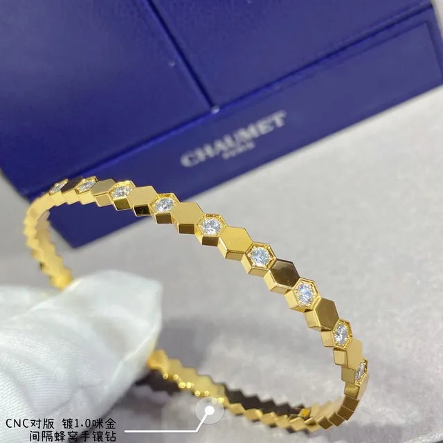 Hexagonal-Link Pavé-Set Stone Rigid Bangle Bracelets 5