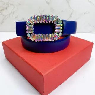 Iridescent Crystal Buckle Blue Leather Belt