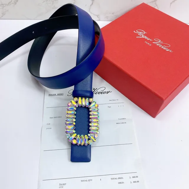 Iridescent Crystal Buckle Blue Leather Belt 3
