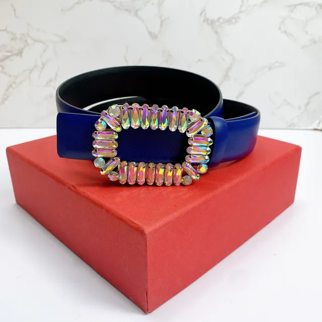Iridescent Crystal Buckle Blue Leather Belt 6