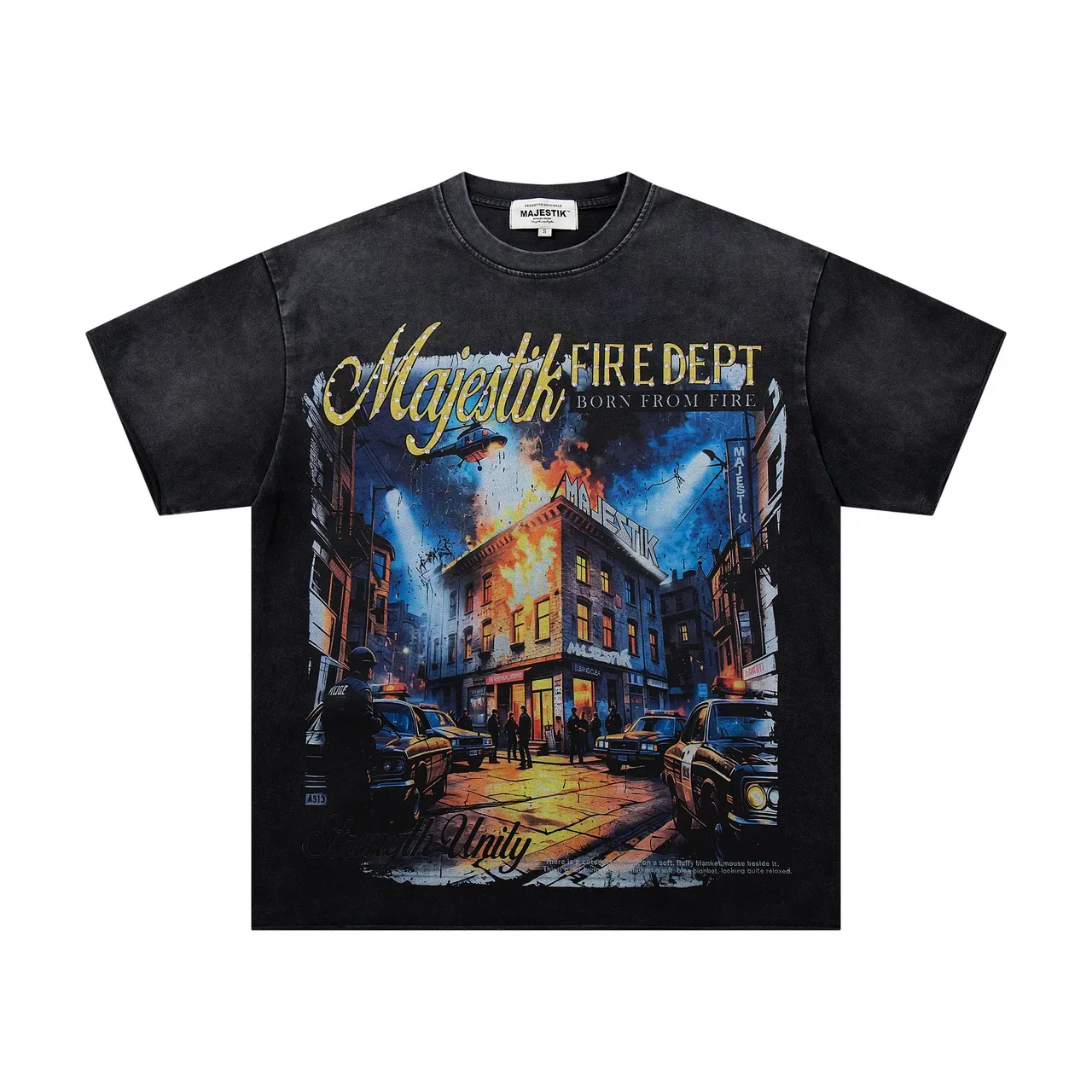 Camiseta gráfica negra desgastada Majestik Fire Dept Born From Fire 4