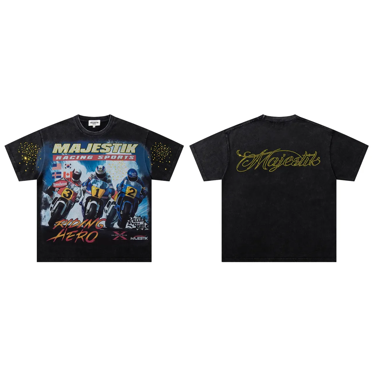 Camiseta oversized acid wash negra con estampado de deportes de carreras MAJESTIK 2