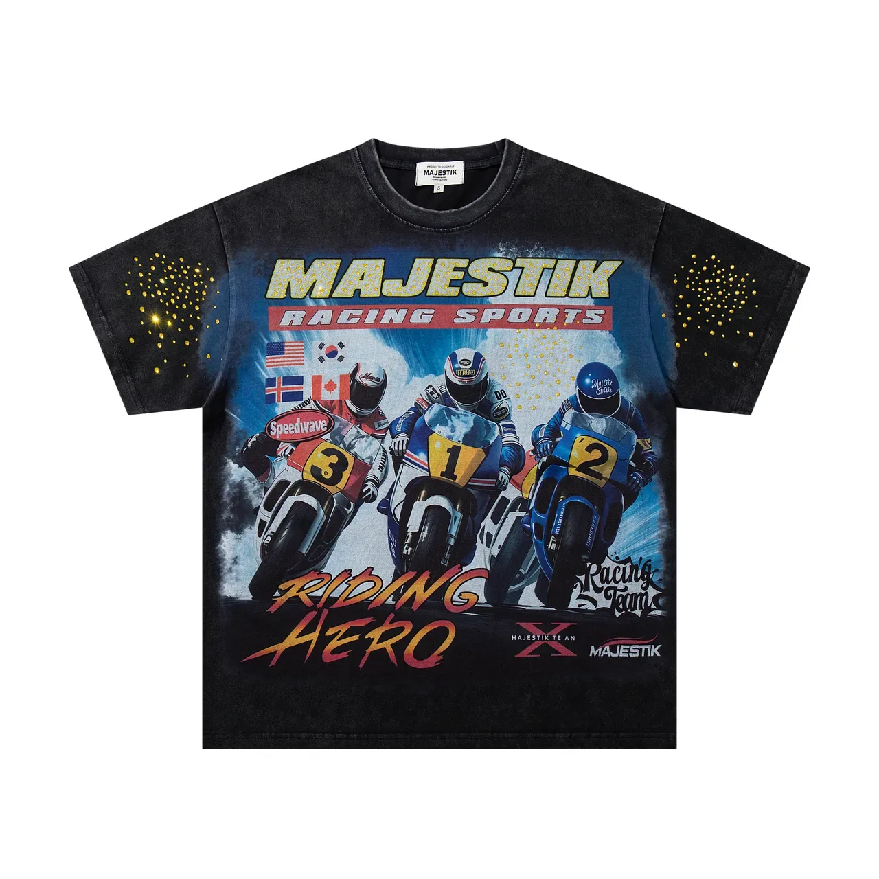 Camiseta oversized acid wash negra con estampado de deportes de carreras MAJESTIK 4