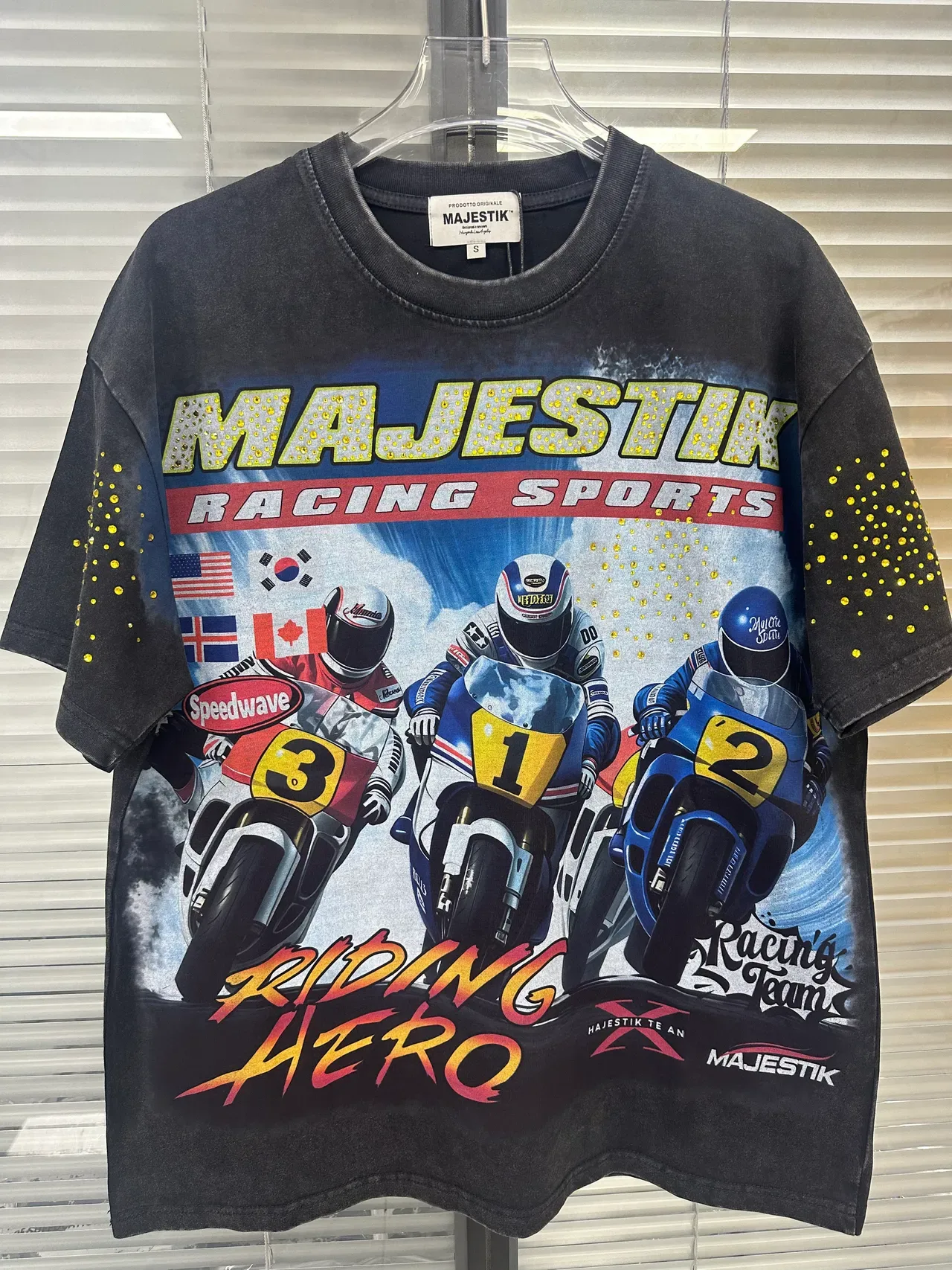 Camiseta oversized acid wash negra con estampado de deportes de carreras MAJESTIK 6