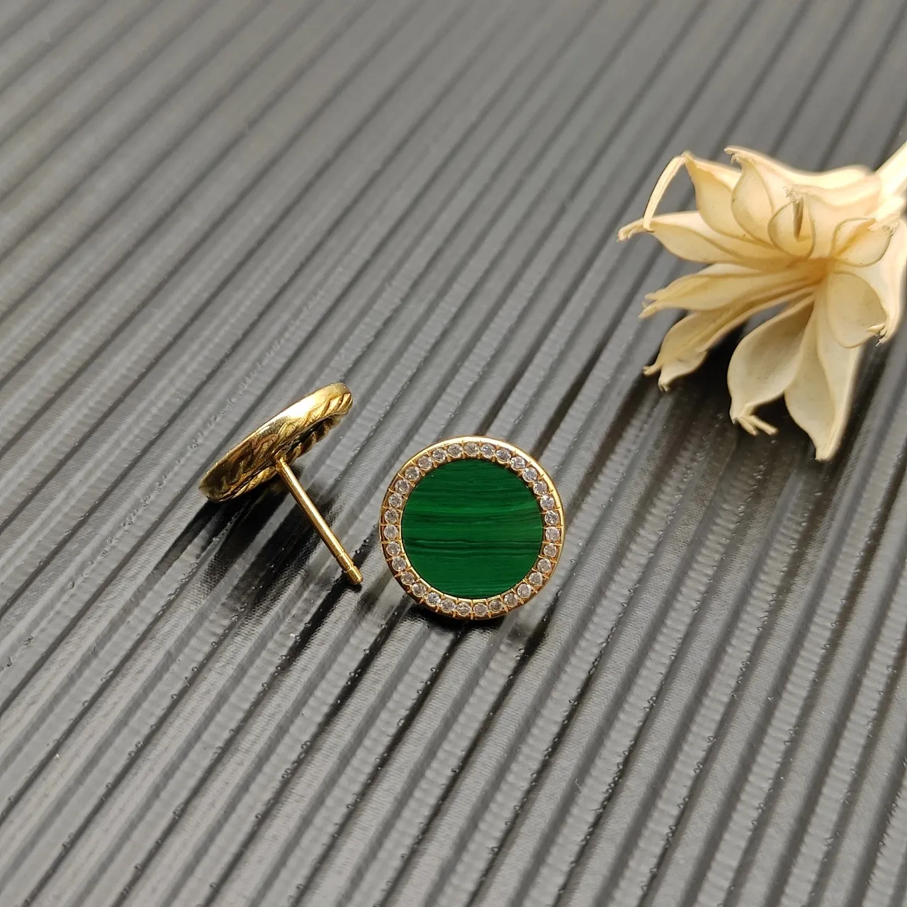 Malachite and Pavé Diamond Halo Stud Earrings 6