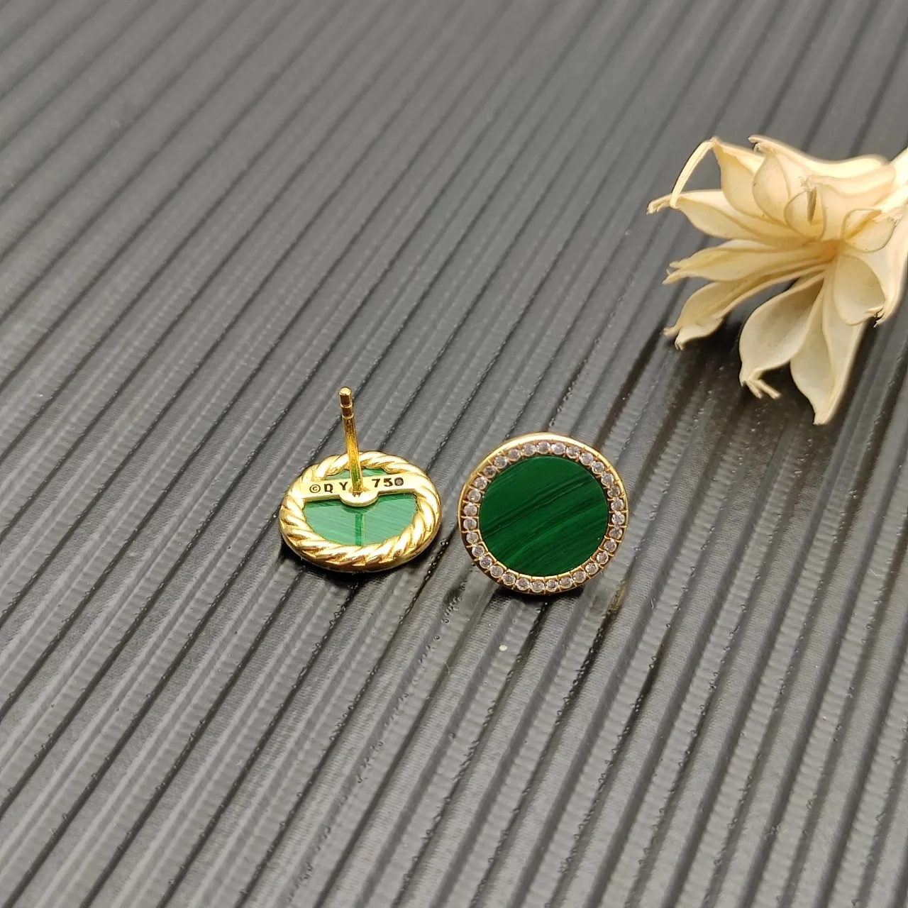 Malachite and Pavé Diamond Halo Stud Earrings 7