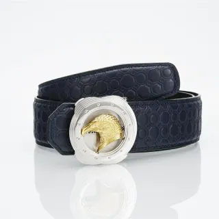 Navy Gold Hexagonal-Embossed Sculpted Golden Eagle Head Buckle Leather Belt
