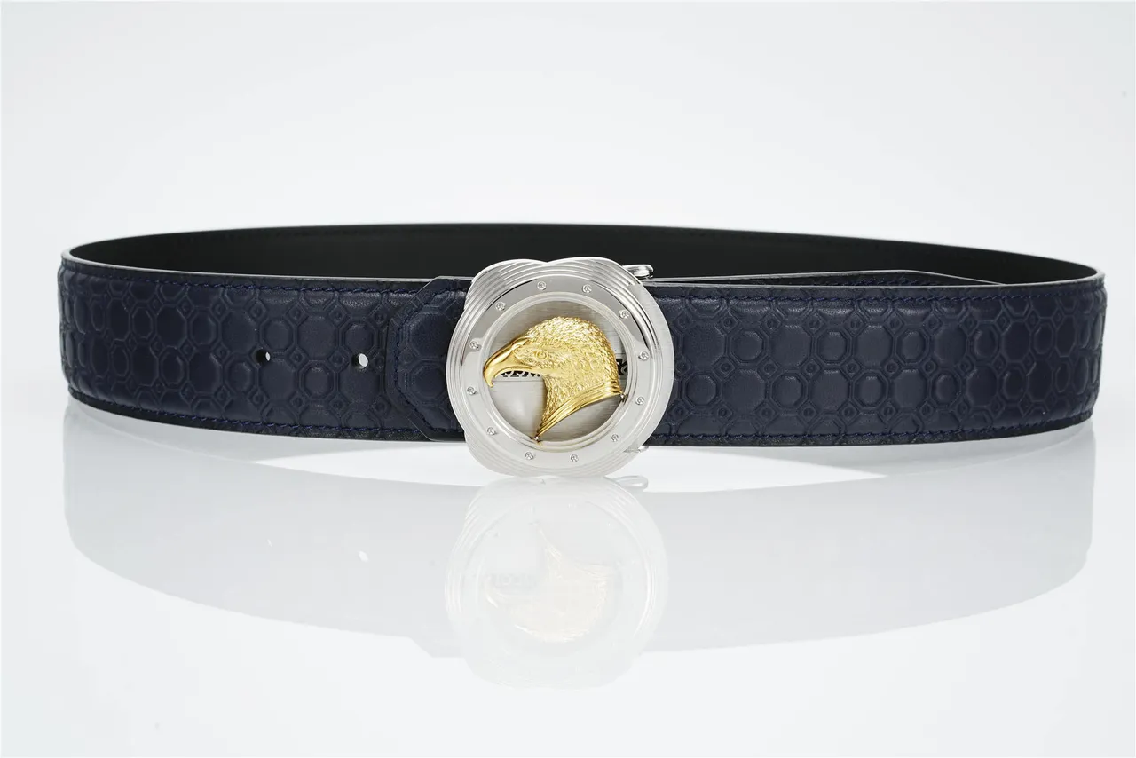 Navy Gold Hexagonal-Embossed Sculpted Golden Eagle Head Buckle Leather Belt 8
