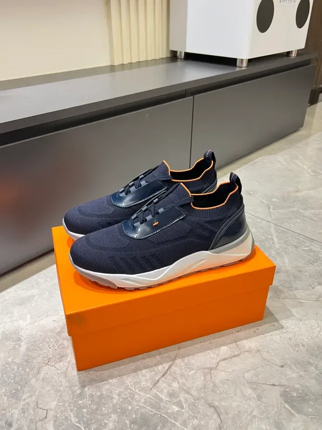 Navy Orange Knit Upper Laceless Slip-On Sneakers 5