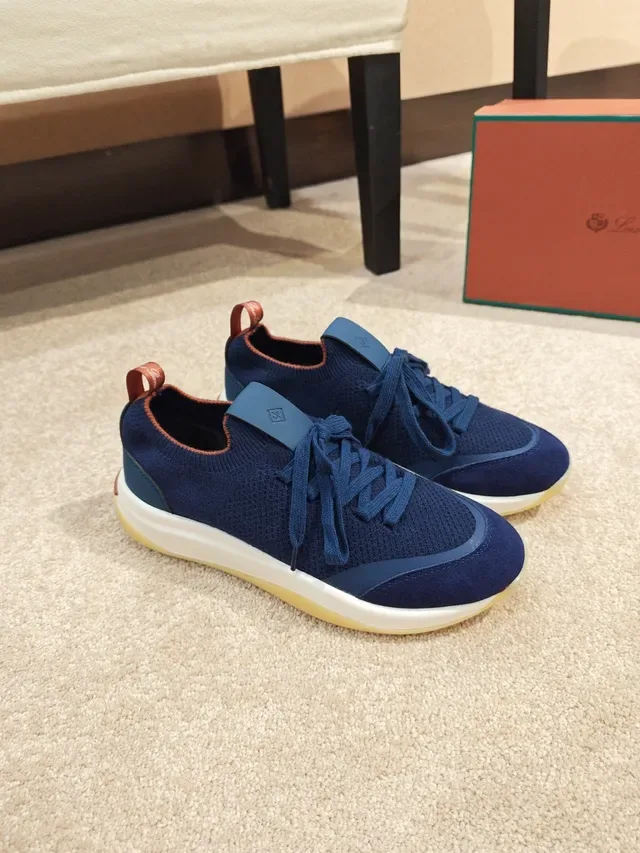 Navy Red Knit Upper Layered White-and-Gum Sole Sneakers 5