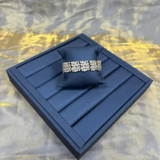 Navy Silver Multi-Row Crystal Cluster Rigid Cuff-Style Bracelet