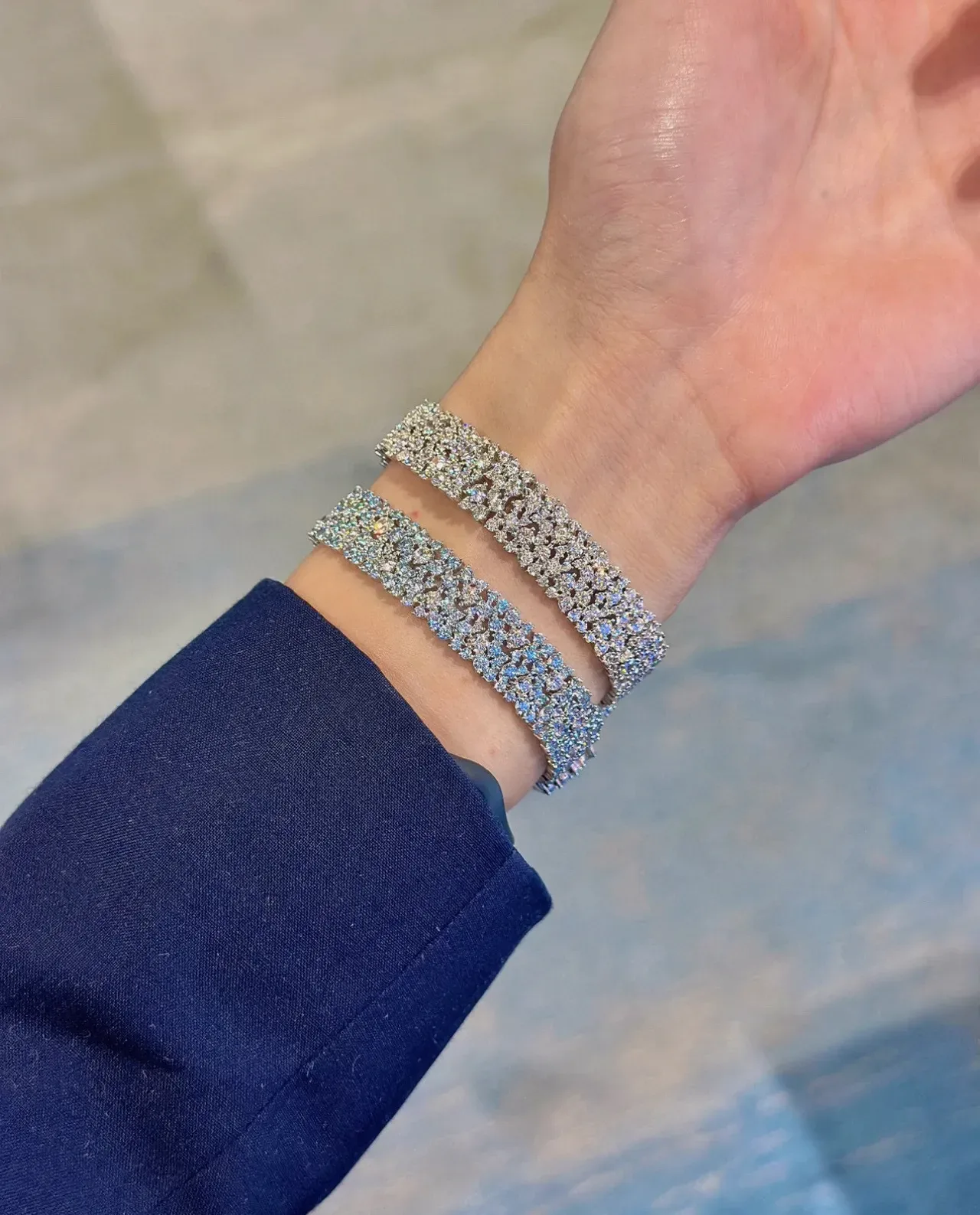 Navy Silver Multi-Row Crystal Cluster Rigid Cuff-Style Bracelet 2