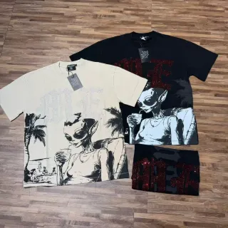 Off-White 奶油色与黑色外星人图案水钻T恤