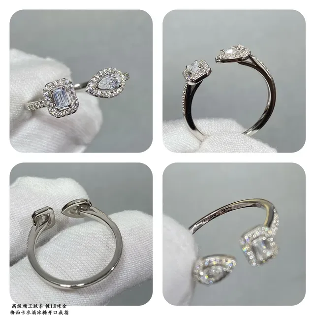 Open-Band Dual-Stone Pavé-Set Emerald and Pear Cut Ring 6