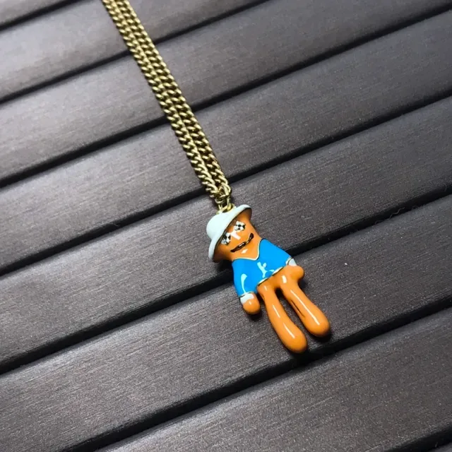 Orange Gold Enamel Figurine Pendant Curb Chain Necklace 3