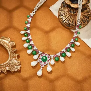Ornate Emerald Ruby Pearl Diamond Floral Pendant Necklace