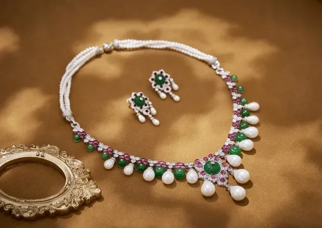 Collier avec pendentif floral orné d'émeraudes, rubis, perles et diamants 2
