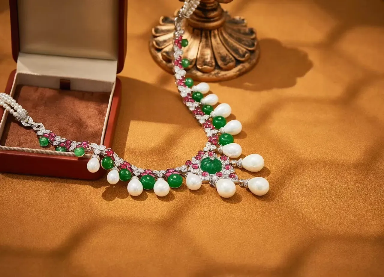 Collier avec pendentif floral orné d'émeraudes, rubis, perles et diamants 4