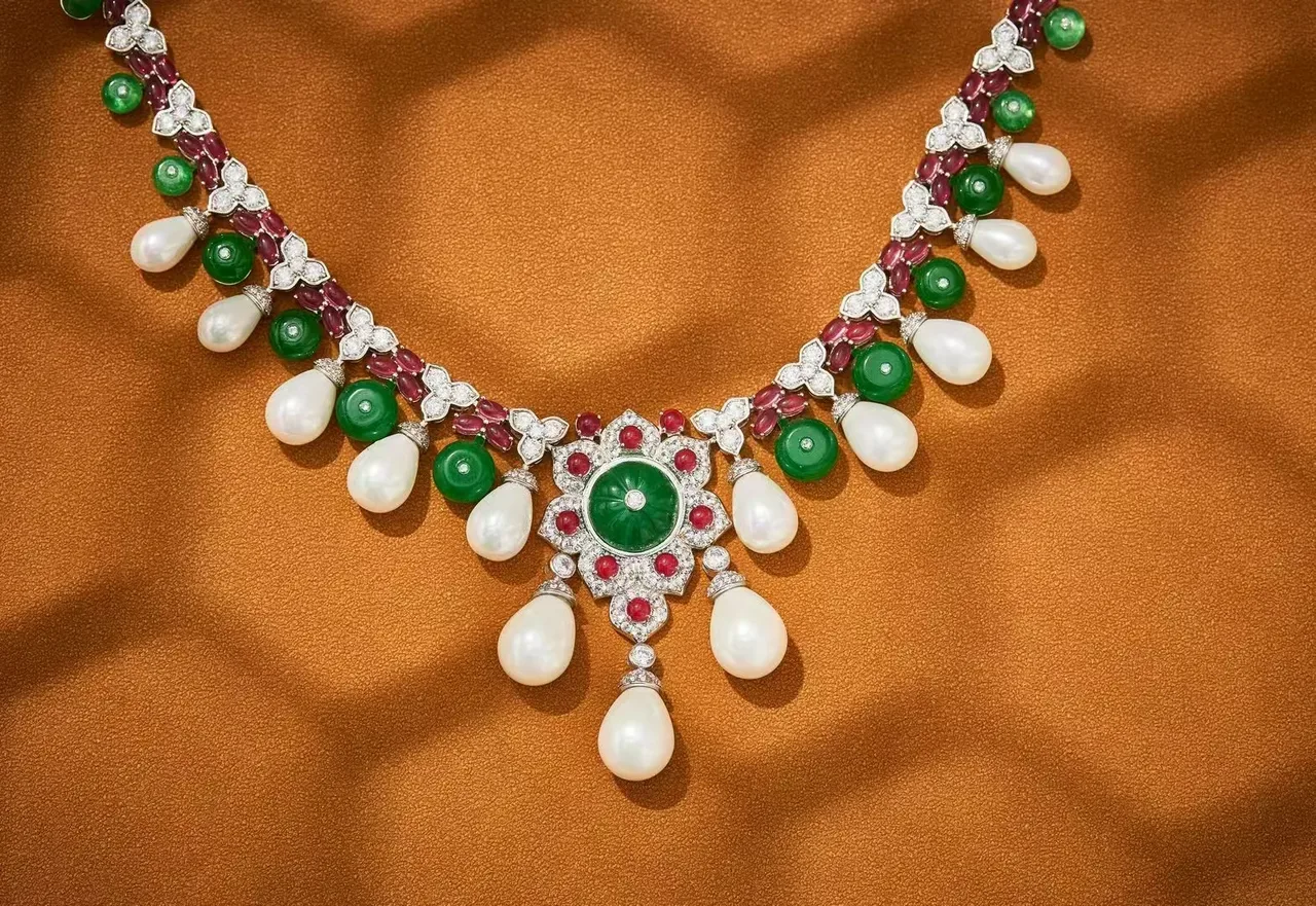 Collier avec pendentif floral orné d'émeraudes, rubis, perles et diamants 5