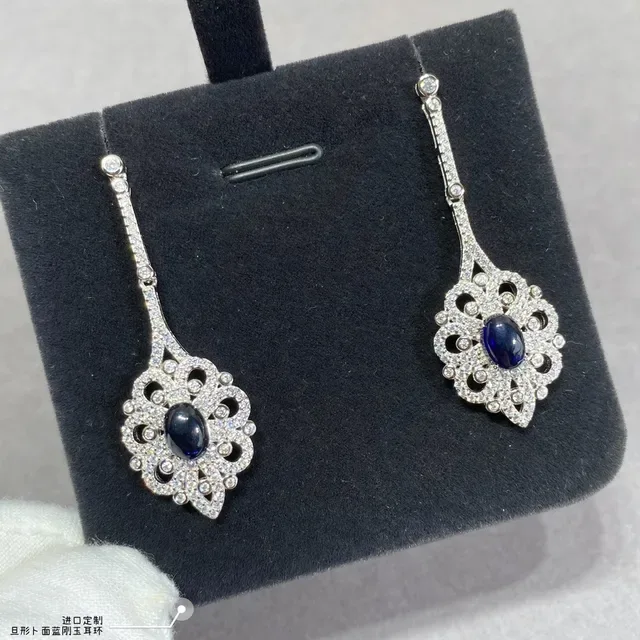 Ornate Filigree Pavé-Set Oval Blue Stone Dangling Earrings 3