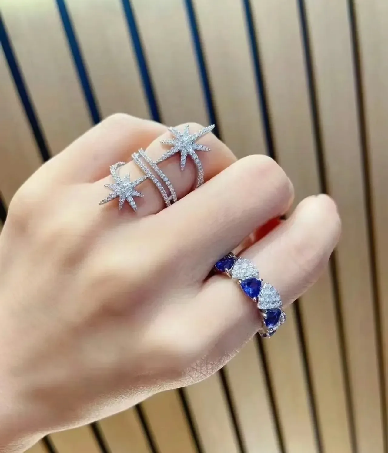 Ornate Triple Teardrop Blue and Pavé Ring 3