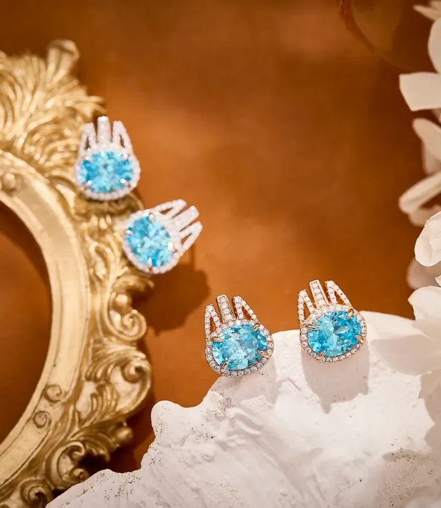 Oval Blue Gemstone Pavé Halo Stud Earrings 4