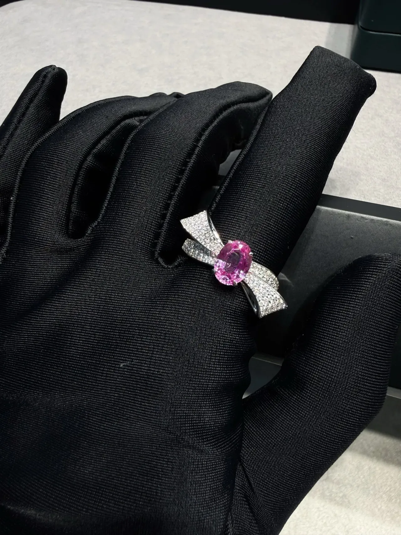 Oval Pink Gemstone Pavé Diamond Wing Ring 7