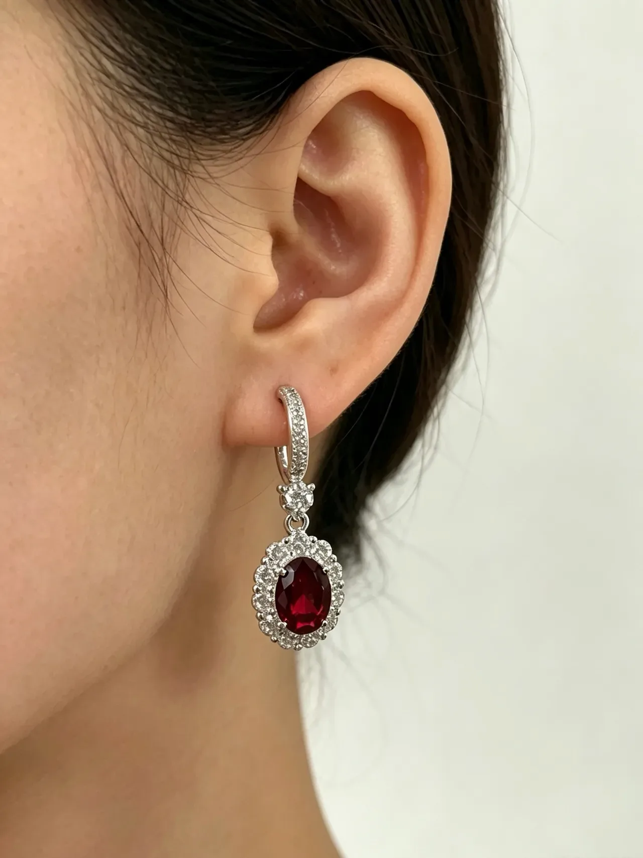 Oval Red Gemstone Halo Cluster Earrings 2
