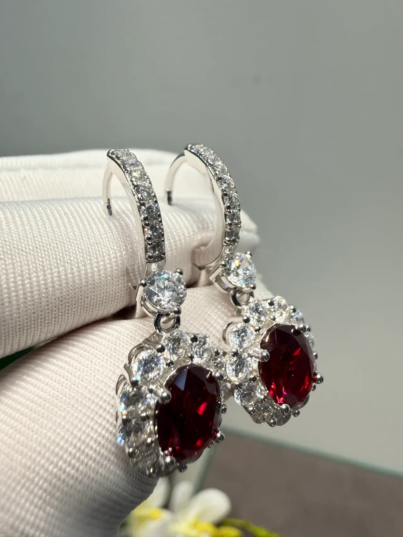 Oval Red Gemstone Halo Cluster Earrings 9