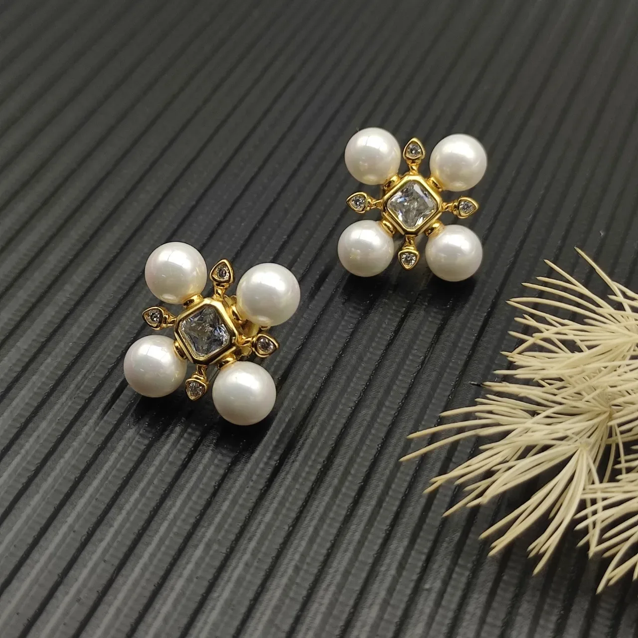 Pearl and Diamond Cross-Set Stud Earrings 13