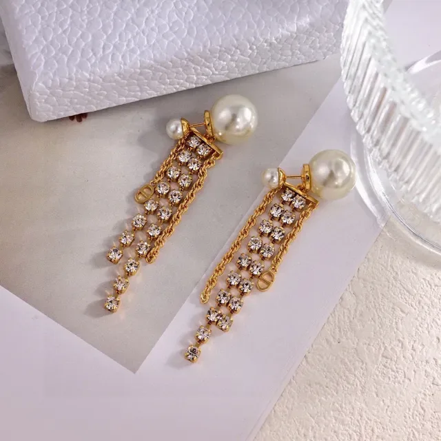 Boucles d'oreilles pendantes à chaîne à franges de grille de cristal avec perles 2