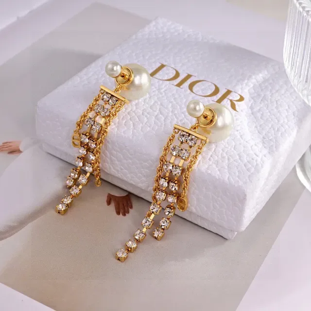 Boucles d'oreilles pendantes à chaîne à franges de grille de cristal avec perles 3