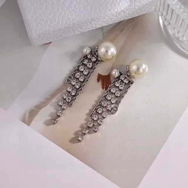 Boucles d'oreilles pendantes à chaîne à franges de grille de cristal avec perles 5