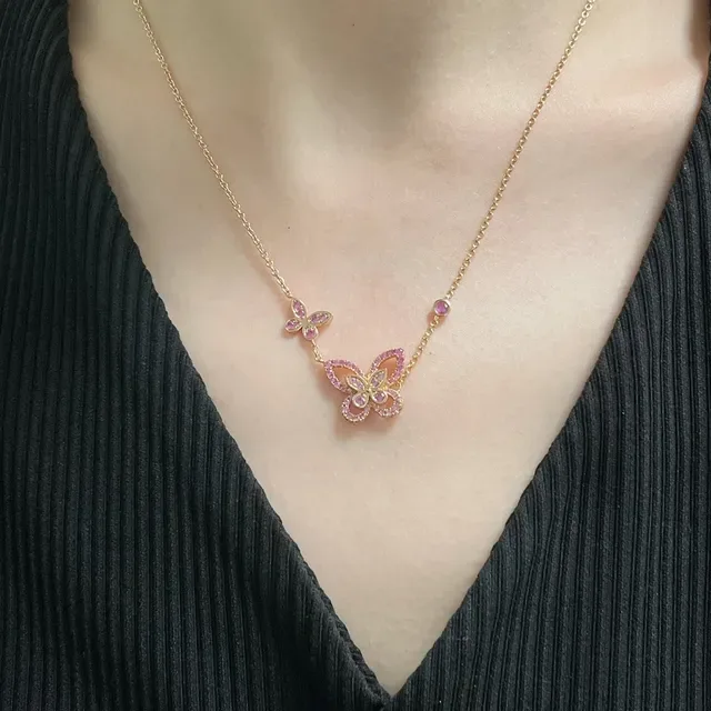 Pink Silver Butterfly Pendant Pavé-Set Gemstones Necklace 9