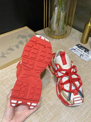 Red Beige Multi-Strap Cage Construction Oversized Lace Loops Chunky Sneakers 2